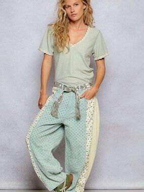 Pale Seafoam Green Textured Pant